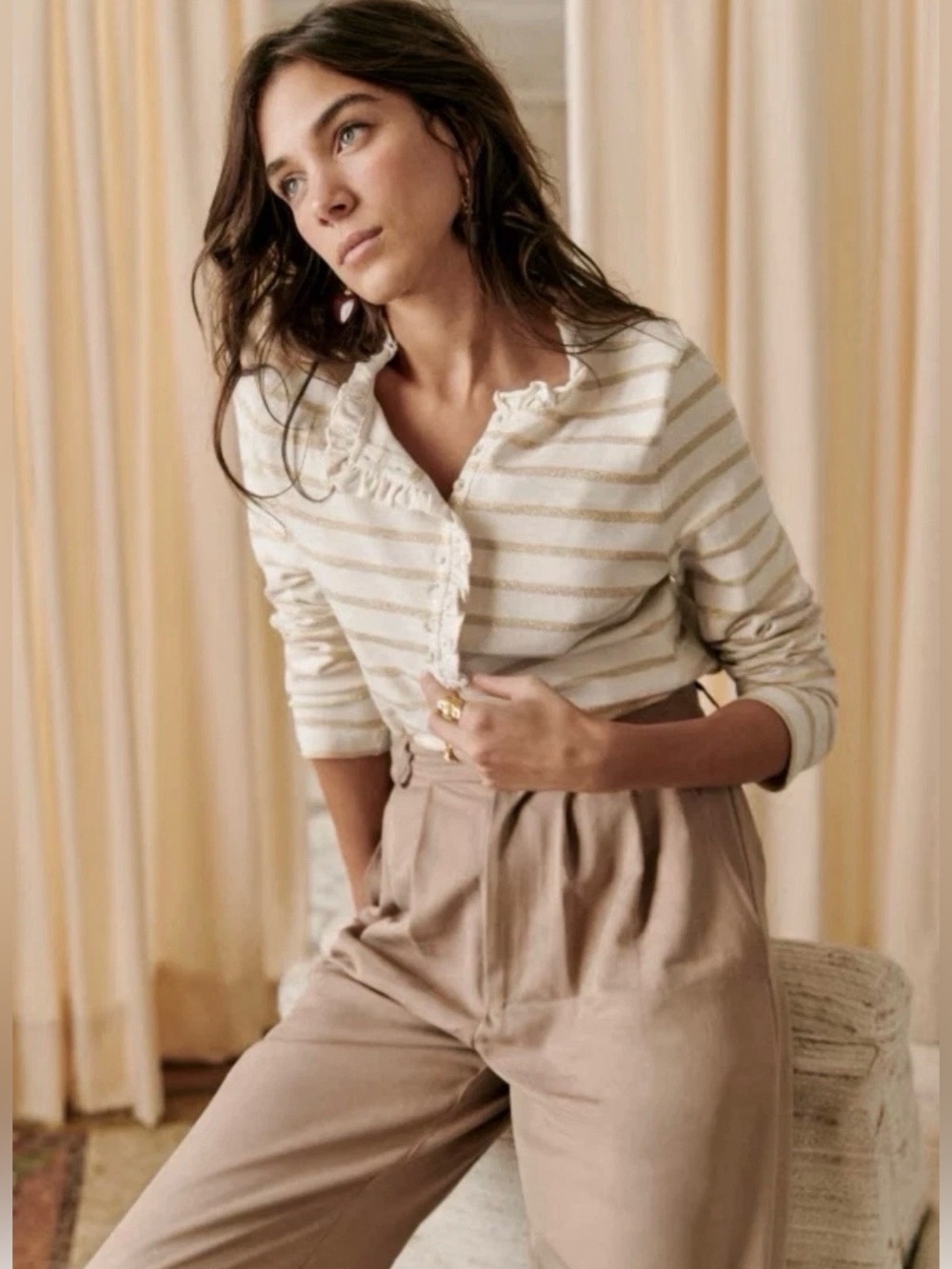 Sezane Gael Cream Gold Ruffle-Trim Long Sleeve Top Xl NEW no tag